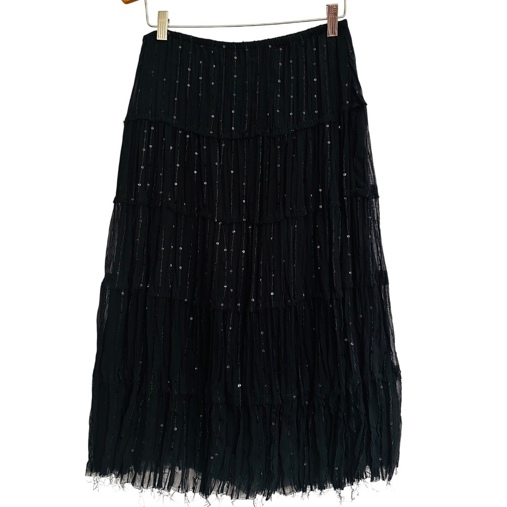 INC Black Sequin Tiered Midi Skirt Womens S Whimsigoth Witchy 90s Fairy Vintage